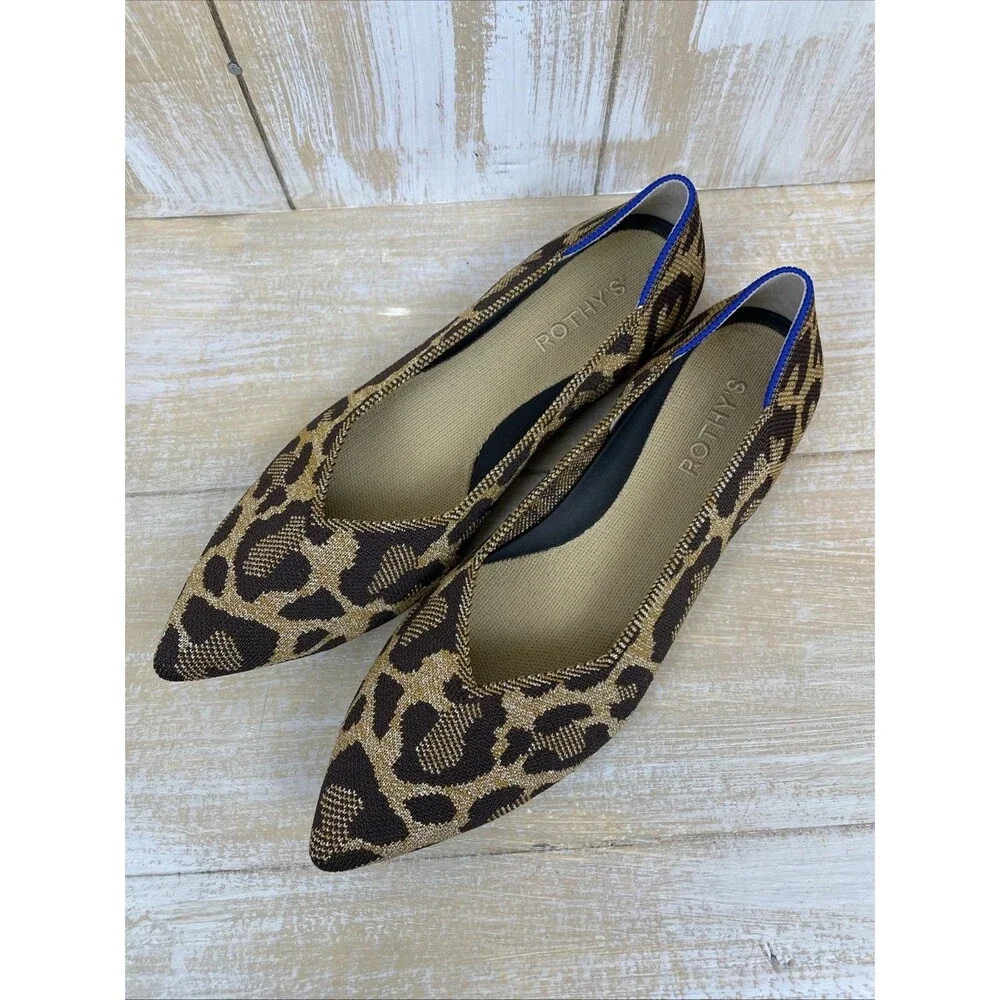 Rothy's The Point II Metallic Cat Leopard Print Slip On Flat Shoes Size 9.5 - Picture 2 of 10